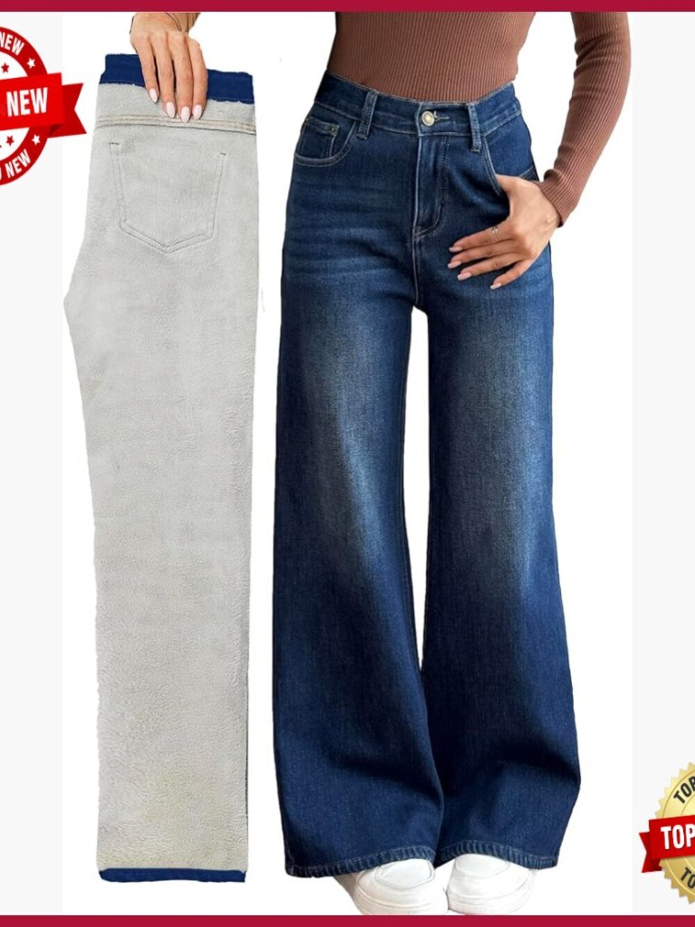 Women's Fleece Lined Wide Leg Jeans Thermal Flannel Boyfriend Baggy Winter Pants